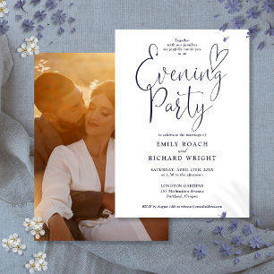 Chic Script Photo Navy Blue Wedding Evening Party Invitation