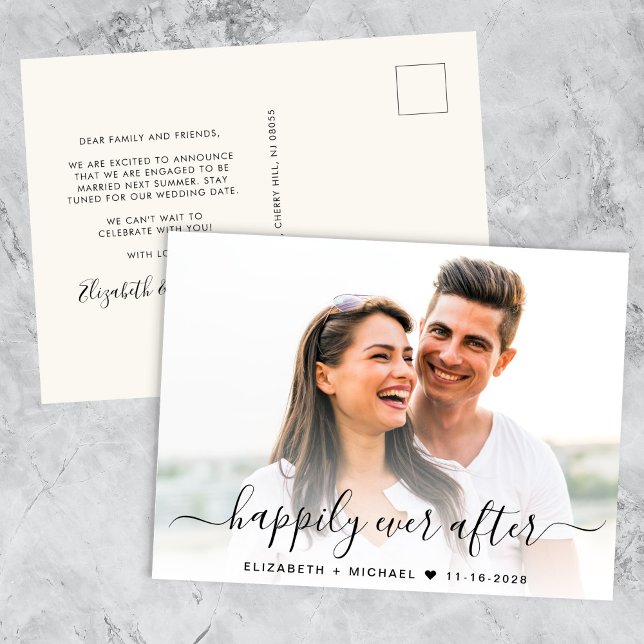 Chic Script Photo Overlay Cream Engagement Announcement Postcard (Creator Uploaded)