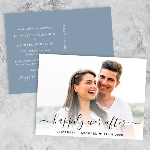Chic Script Photo Overlay Dusty Blue Save The Date Announcement Postcard