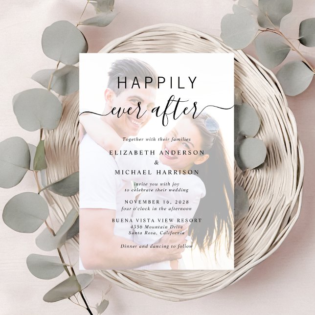 Chic Script Photo Overlay Wedding Invitation (A chic Happily Ever After Photo Wedding Invitation)