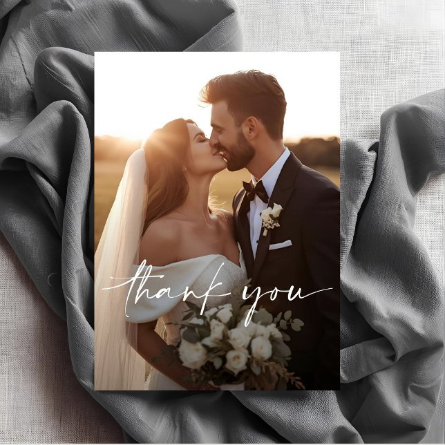Chic Script Photo Overlay Wedding  Thank You Card (Creator Uploaded)