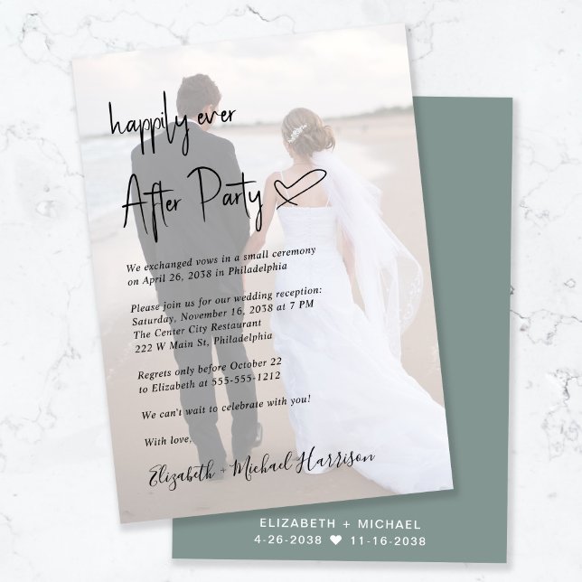 Chic Script Photo Sage Green Wedding Reception Invitation (Creator Uploaded)