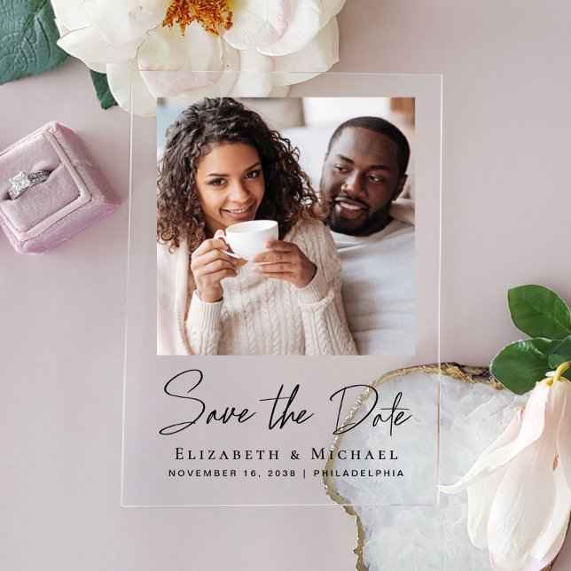 Chic Script Photo Save the Date Acrylic Invitations (Make your day unforgettable with stunning acrylic save the dates—modern, elegant, unique!)