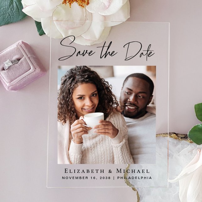 Chic Script Photo Save the Date Acrylic Invitations (Make your day unforgettable with stunning acrylic save the dates—modern, elegant, unique!)
