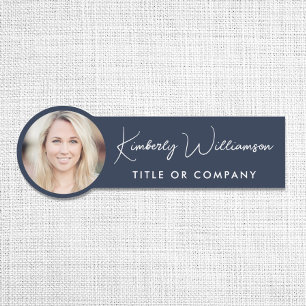 Chic Script Professional Blue Photo Name Tag
