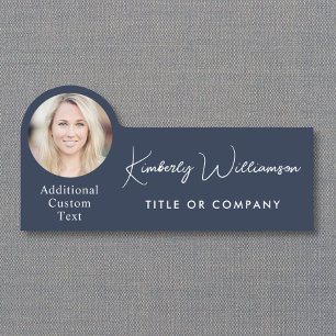 Chic Script Professional Blue Photo Name Tag