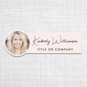 Chic Script Professional Pink Photo Name Tag