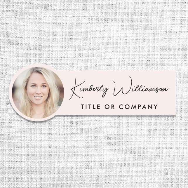 Chic Script Professional Pink Photo Name Tag (Creator Uploaded)