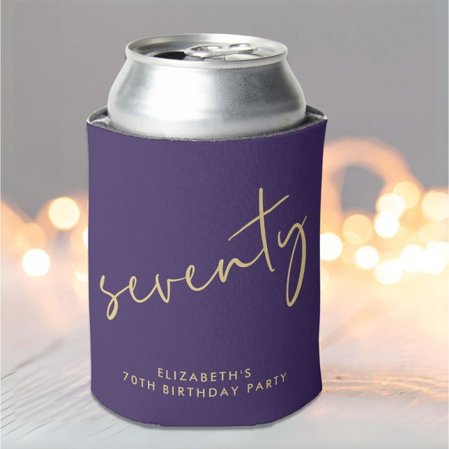 Chic Script Purple 70th Birthday Party Can Cooler (Creator Uploaded)