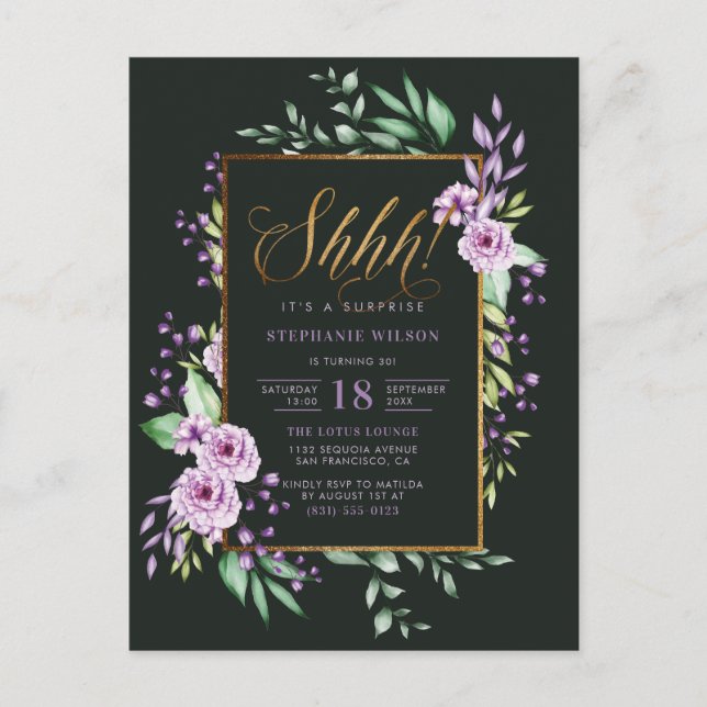 Chic Script Purple Floral Surprise Birthday Party Invitation Postcard (Front)
