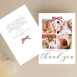 Chic Script Red Ribbon 4 Photo Baby Shower Thank You Card