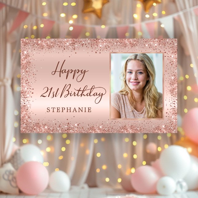 Chic Script Rose Gold Glitter Photo 21st Birthday  Banner (Creator Uploaded)