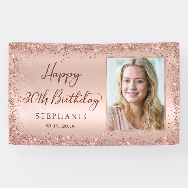 Chic Script Rose Gold Glitter Photo 30th Birthday  Banner (Horizontal)