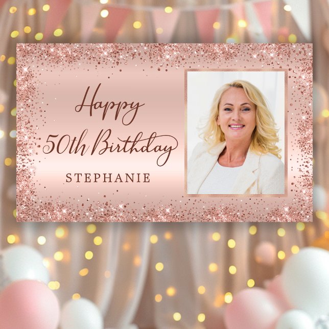Chic Script Rose Gold Glitter Photo 50th Birthday  Banner (Creator Uploaded)