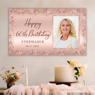 Chic Script Rose Gold Glitter Photo 60th Birthday  Banner