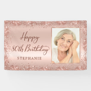 Chic Script Rose Gold Glitter Photo 80th Birthday  Banner