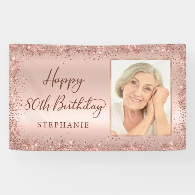 Chic Script Rose Gold Glitter Photo 80th Birthday  Banner (Horizontal)