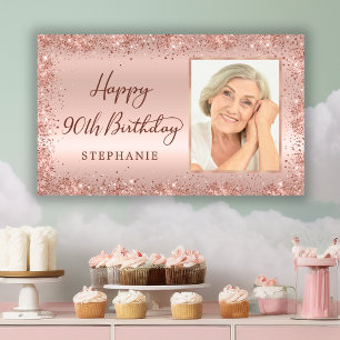 Chic Script Rose Gold Glitter Photo 90th Birthday  Banner