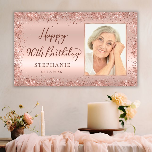 Chic Script Rose Gold Glitter Photo 90th Birthday  Banner (Creator Uploaded)