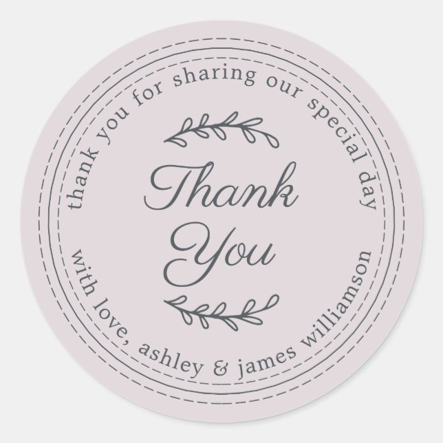 Chic Script Rustic Pastel Purple Wedding Thank You Classic Round Sticker (Front)