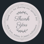 Chic Script Rustic Pastel Purple Wedding Thank You Classic Round Sticker<br><div class="desc">Rustic and modern wedding thank you sticker with off-black chic script calligraphy and modern typography on a pastel purple background. Simply add your personal message and names. Great for your wedding guest gift bags or as a wedding thank you envelope seal. Exclusively designed for you by Happy Dolphin Studio. If...</div>