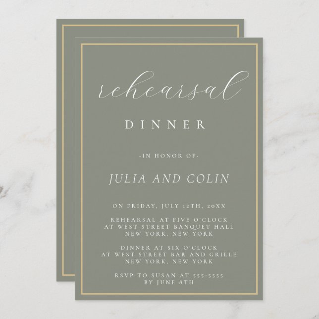 Chic Script Sage Green Rehearsal Dinner Invitation (Front/Back)