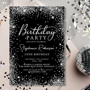 Chic Script Silver Glitter Black 50th Birthday Invitation