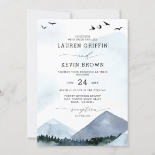 Chic Script Slate Blue Mountains Forest Wedding Invitation