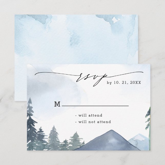 Chic Script Slate Blue Mountains Forest Wedding RSVP Card (Front/Back)