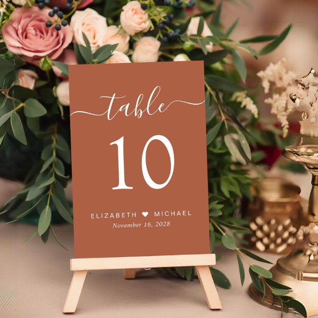 Chic Script Terracotta Wedding Reception Table Number (Creator Uploaded)