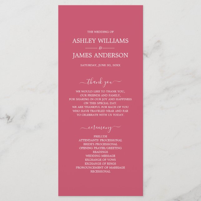 Chic Script Warm Pink Simple Minimal Wedding Programme (Front)