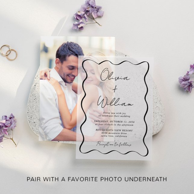 Chic Script Wavy Frame Wedding Vellum Invitations (Elevate your wedding invitations with the timeless beauty of vellum overlays)