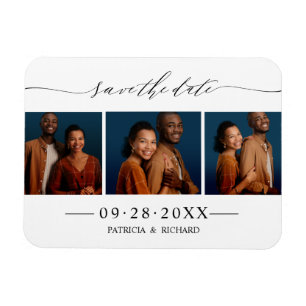 Chic Script Wedding Save The Date 3 Photo Collage Magnet
