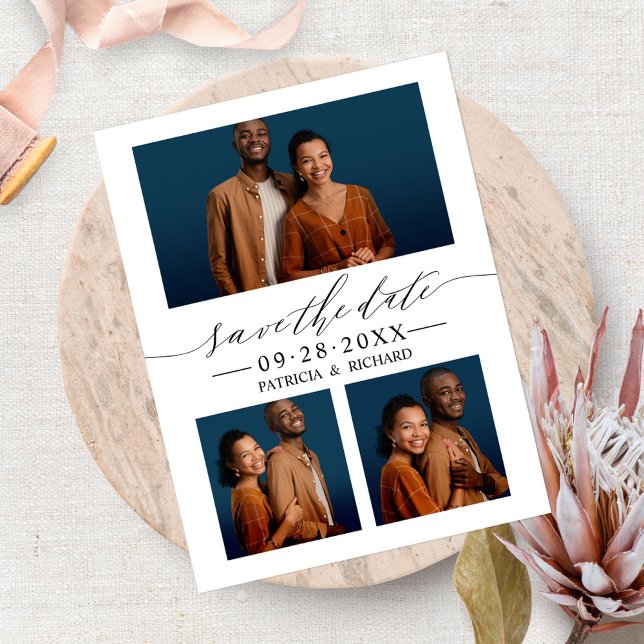 Chic Script Wedding Save The Date 3 Photo Collage Postcard (Creator Uploaded)