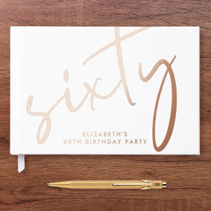 Chic Script White 60th Birthday Party Rose Gold Guest Book