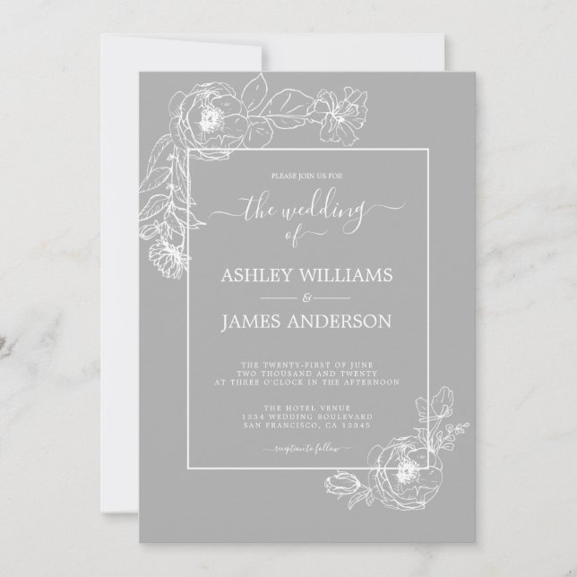 Chic Script White Floral Outline Grey Wedding Invitation (Front)