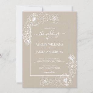 Chic Script White Floral Outline Grey Wedding Invitation
