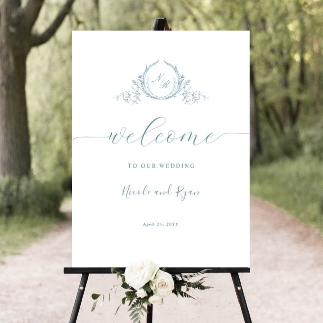 Chic Sea Glass Blue Monogram Wedding Welcome Sign (Creator Uploaded)