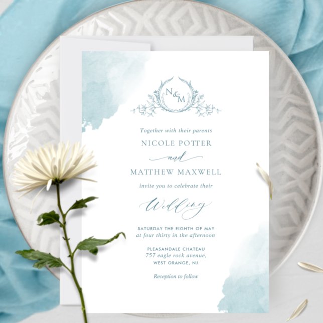 Chic Sea Glass Watercolor Stains, Monogram Wedding Invitation (Creator Uploaded)