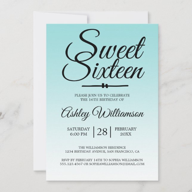 Chic Sea Shell Blue Ombre Sweet 16 16th Birthday Invitation (Front)