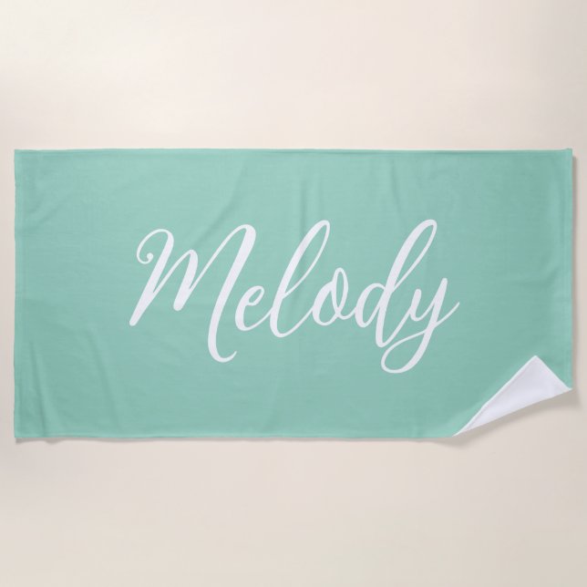 Chic Seafoam Green Custom Name Handwritten Script Beach Towel (Front)