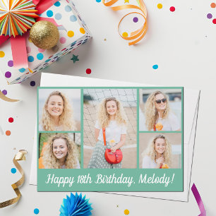 Chic Seafoam Green Happy Birthday Photo Collage Card