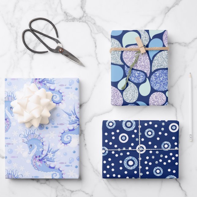 Chic Seahorse Girly Ocean Pattern Baby Girl Wrapping Paper Sheet (Front)