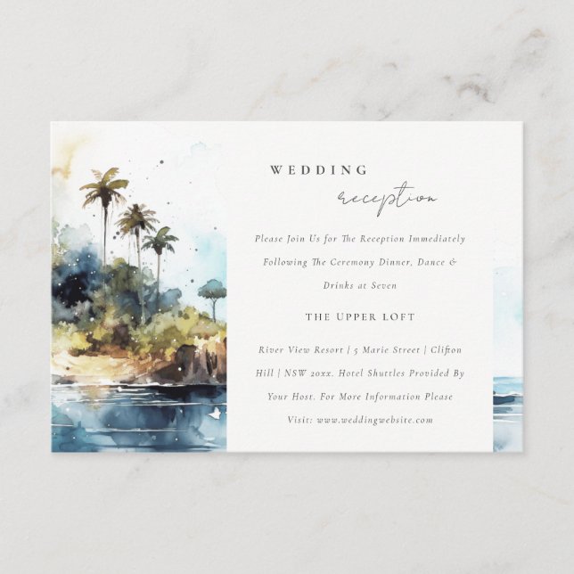 Chic Seascape Palm Tree Island Wedding Reception Enclosure Card (Front)