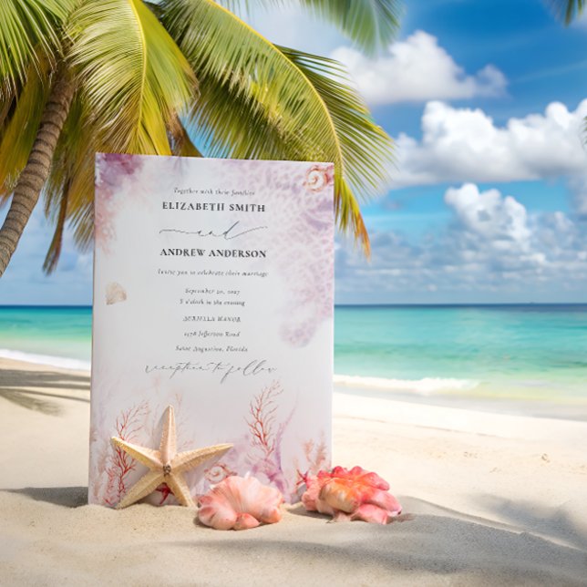 Chic Seashells Coral Underwater QR Code Wedding Invitation (Creator Uploaded)