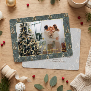 Chic Seasonal Greetings On Forest Trees Gold Foil Holiday Card