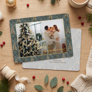 Chic Seasonal Greetings On Forest Trees Gold Foil Holiday Card