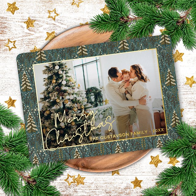 Chic Seasonal Greetings On Forest Trees Gold Foil Holiday Card (Creator Uploaded)