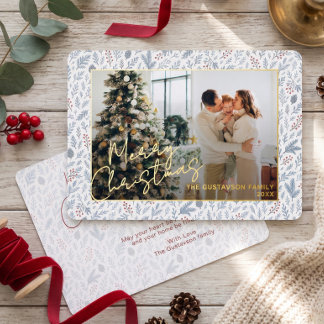 Chic Seasonal Greetings On Holly Berries Gold Foil Holiday Card