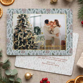 Chic Seasonal Greetings On Holly Berries Gold Foil Holiday Card